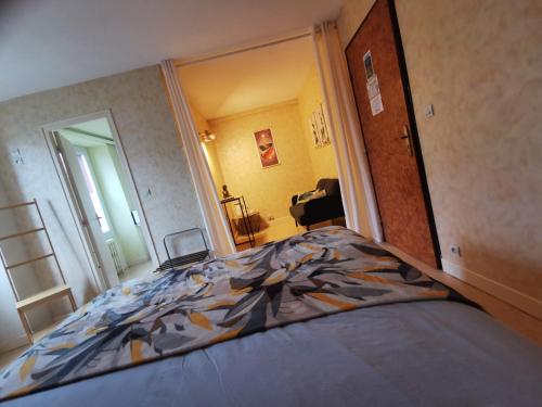 a bedroom with a large bed with a large mirror at Au coeur du Volcantal in Laveissière