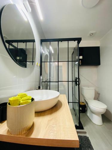 a bathroom with a large white tub and a toilet at Sani Lux Apartment in Vodno