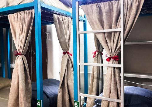 a ladder to a bunk bed with curtains on it at Jungle by sturmfrei Jaipur in Jaipur