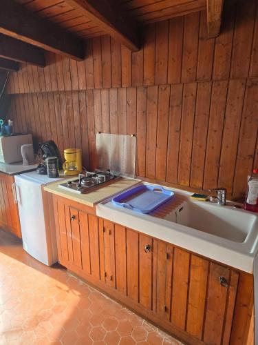 a kitchen with a stove and a sink at L'Escale Tourangelle in Saint-Georges-sur-Cher