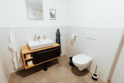 Bilik mandi di ArVia Living - Ferienwohnung in Altmünster, zentrale Lage, 7 Min Gehweg zum Traunsee, Küche, gratis Parkplatz & WLAN