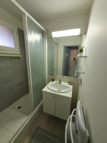 une salle de bain avec un lavabo, une douche et des toilettes dans l'établissement Appartement avec piscine proche plage et commerces, à Argelès-sur-Mer