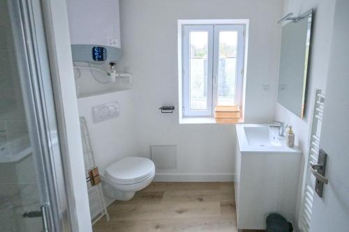 une salle de bain avec toilettes, lavabo et fenêtre dans l'établissement Stylish duplex - 250m beach - NEW, à Étretat