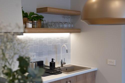 a kitchen with a sink and a counter top at Atman Eco Lodge in Gliki