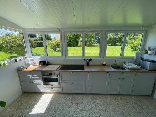 a kitchen with white cabinets and a counter with windows at Maison de Campagne pour 6 personnes Baromesnil in Baromesnil