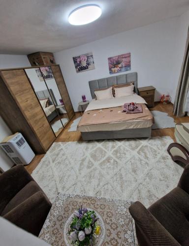 a large bedroom with a bed and a table at Garden Spa Retezat in Fizeşti
