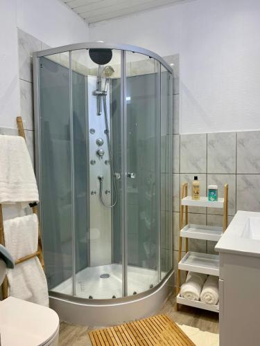 une douche avec une cabine en verre dans une salle de bain dans l'établissement Le Petit Nid, à Longwy