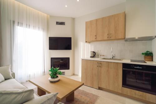 a kitchen and living room with a couch and a table at Atman Eco Lodge in Gliki