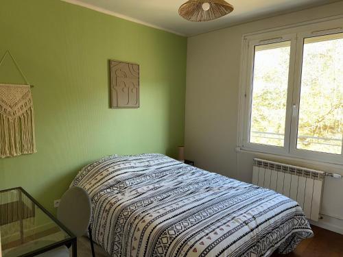 une chambre verte avec un lit et une fenêtre dans l'établissement Charme & Confort 3ch Parking, à Joeuf