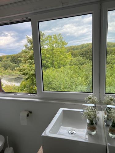 a white sink in a bathroom with two windows at Ferienhaus-am See in Glücksburg