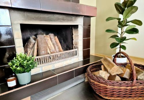 a fireplace with a basket of logs and a plant at Guest House Saulgriezes in Nīca