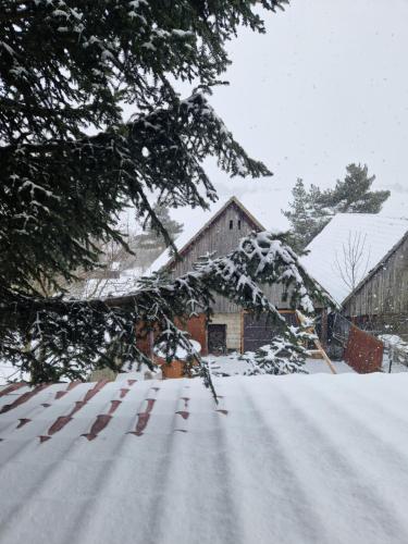 a snow covered road with a house and a tree at Chalupa nad sadom in Liptovská Kokava