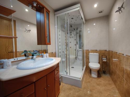 a bathroom with a sink and a shower and a toilet at Casa-Nova 2 in Sarria