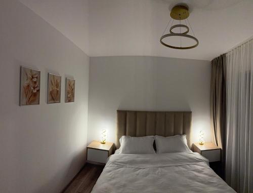 a bedroom with a large bed with two night stands at APARTAMENT PANORAMIC in Alba Iulia