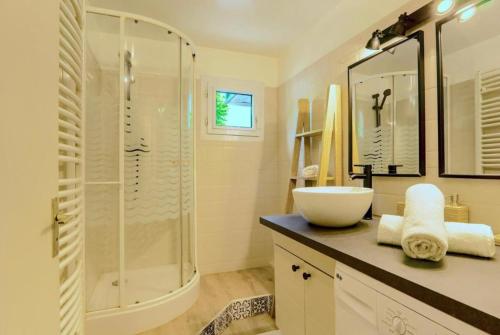 une salle de bain avec une douche en verre et un lavabo dans l'établissement Charmant T2 Annecy, à Annecy