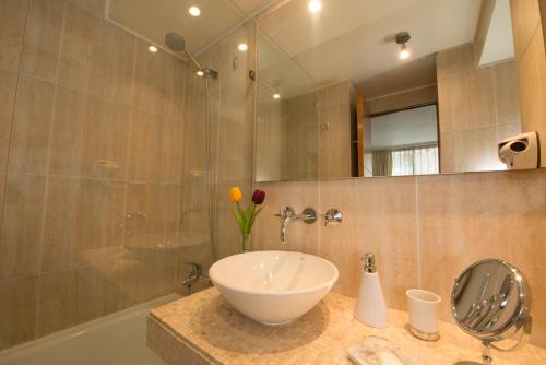 uma casa de banho com um lavatório, um espelho e uma banheira em Ram Apartamentos em Santiago