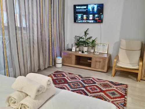 ein Zimmer mit einem Bett, einem Fernseher und einem Stuhl in der Unterkunft Apartament cu o camera Happy Color, Free Parking in Roşu