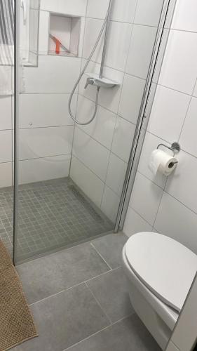 a bathroom with a shower and a toilet at TopLageDG in Augsburg