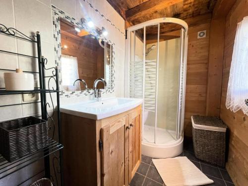 une salle de bain avec un lavabo et une douche dans l'établissement Résidence La Ferme Des Frasses - Mazot de charme MAE-3421, à Notre-Dame-de-Bellecombe