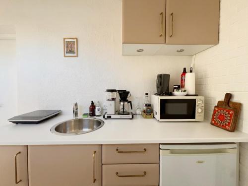 a kitchen counter with a sink and a microwave at Cozy guesthouse with outdoor space in Brabrand