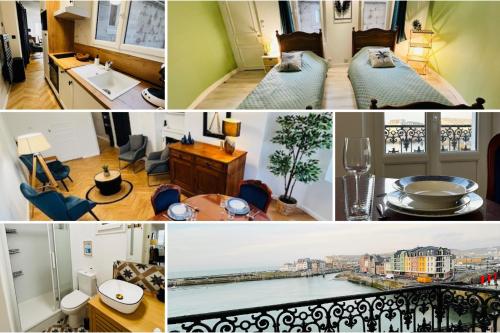 un collage de photos d'une chambre d'hôtel dans l'établissement L'Embar'quai, au Tréport