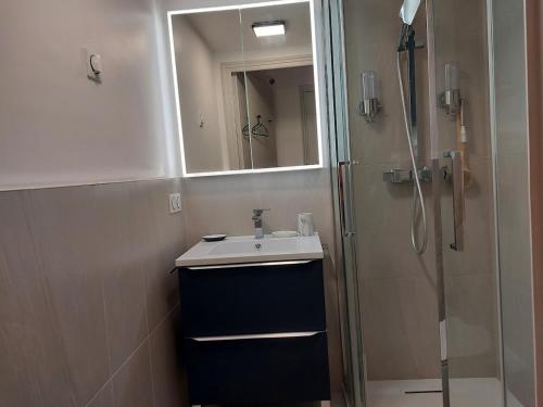 une salle de bain avec un lavabo et une douche avec un miroir dans l'établissement Bagatelle Studio 3étoiles rez de jardin Axelle LocAppart, à Mandelieu-la-Napoule