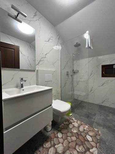 a bathroom with a sink and a toilet and a shower at Roua Ilvei INN in Ilva Mică