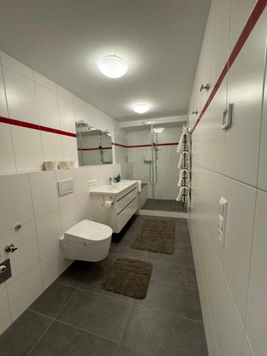 ein weißes Badezimmer mit Toilette und Waschbecken in der Unterkunft Unterhecherhof in Bannberg