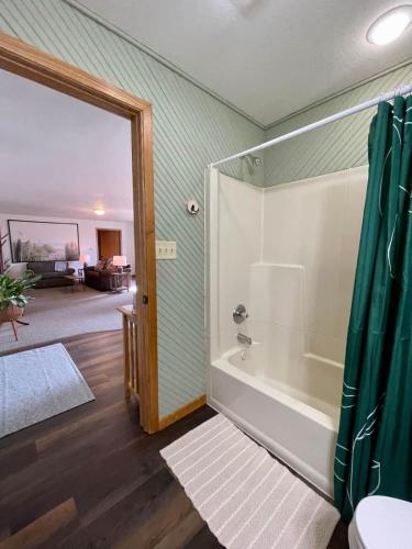 a bathroom with a shower and a tub at Downtown Green Room at Villages on Aurora in Ironwood