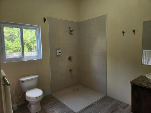 a bathroom with a toilet and a shower with a window at Setsuna, Luxury Oceanic View Villa Near Airport in Vieux Fort