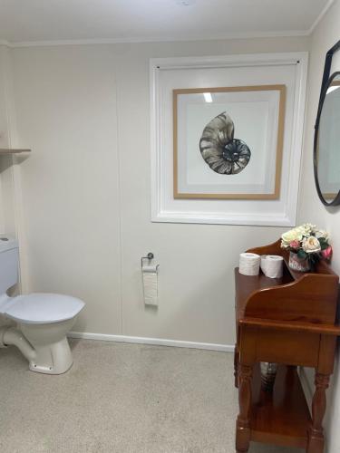 a bathroom with a sink and a toilet and a mirror at Pet friendly beachfront home- sleeps 8 in Toogoom