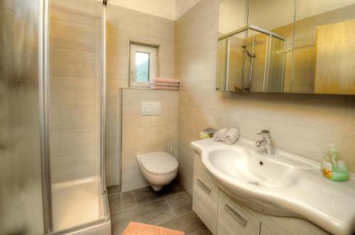 a bathroom with a sink and a toilet and a shower at Haus Brandner in Viehhofen
