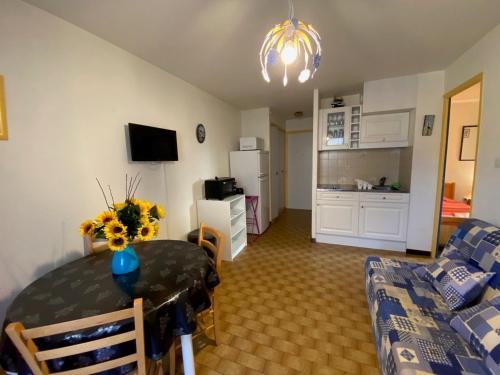 un salon avec une table et une cuisine dans l'établissement Appartement calme avec balcon, animaux admis, proche Thermes - FR-1-503-183, à Balaruc-les-Bains