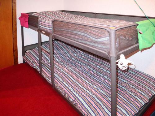 - un lit superposé vide dans un dortoir doté d'un tapis rouge dans l'établissement Studio spacieux pour 4 pers avec balcon et box à skis - FR-1-322-665, aux Orres