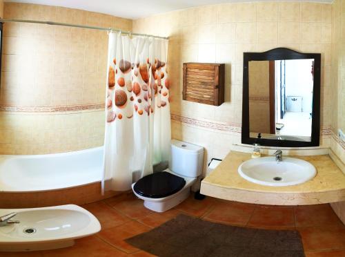 a bathroom with a sink and a toilet and a mirror at Bhavana Surf House in Corralejo