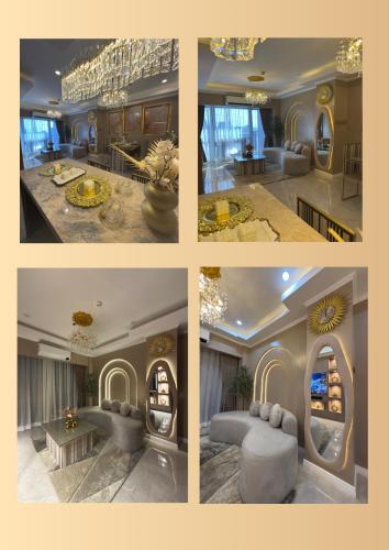a collage of four pictures of a living room at City View at The Gramercy Residences in Makati