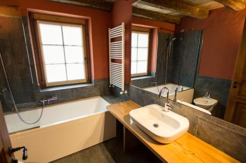 a bathroom with a tub and a sink and a tub and a toilet at Hotel Les Montagnards in Morgex