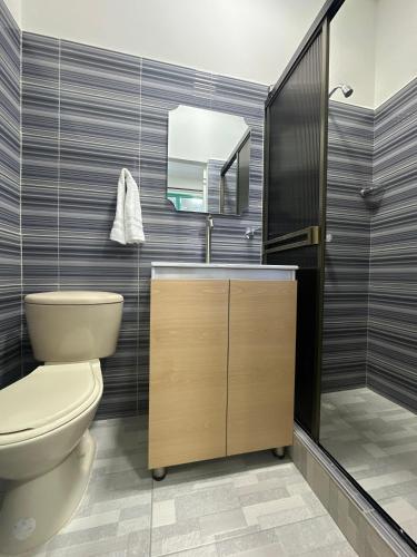 a bathroom with a toilet and a sink at HOTEL PUERTO DULCE - La Virginia in La Virginia