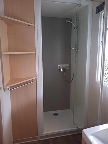 une douche avec une porte vitrée dans une salle de bain dans l'établissement mobil home 150 chez Valérie, à La Roque-dʼAnthéron