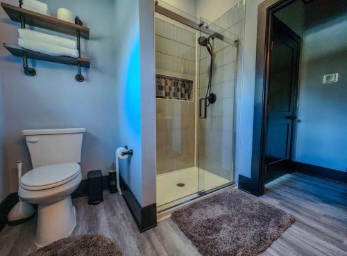 une salle de bain avec toilettes et douche dans l'établissement Charlis Place Private Lux Cabin HotTub MT Views, à Ellijay