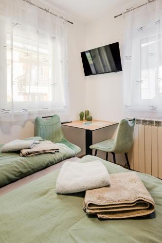 a bedroom with two beds and a desk and a tv at Penzion Hosnar, apartma Mucho in Bovec