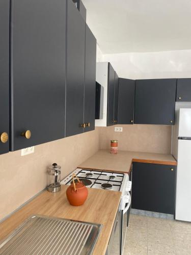 une cuisine avec des armoires noires et un four à plaques de cuisson dans l'établissement Escapade en Périgord, à Villefranche-du-Périgord