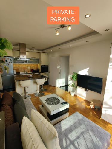 a living room with a couch and a kitchen at Ana Apartment in Novi Sad