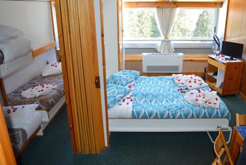 a bedroom with two bunk beds and a window at Residence Il Vigo di Marilleva in Marilleva