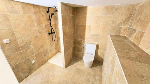 une salle de bain avec toilettes et douche dans l'établissement La Fabrique des Ducs Vindihouses-piscine-64 pers, à Ressille