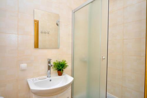 a bathroom with a sink and a shower at Heart Kyiv Apart-Hotel in Kyiv