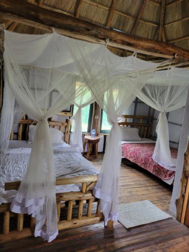 a bedroom with two beds with mosquito nets at Songbird Safari Lodge & Campsite in Katunguru