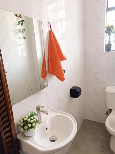 a bathroom with a sink and a toilet and a mirror at The Place - Luxury Redefined - Kisumu in Kisumu
