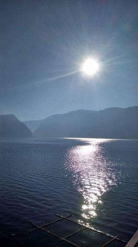 a view of the sun reflecting on the water at Vila Golful Dunării in Dubova