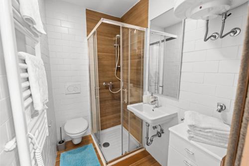 a bathroom with a shower and a toilet and a sink at NEW!!!Apartment Old Town Square in Poreč